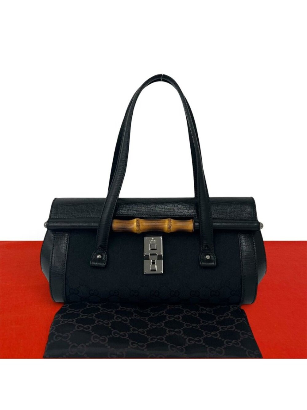 Gucci Vintage Gucci Bamboo GG Logo Leather Canvas Handbag Bag Black